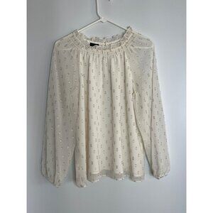 Talbot's Smocked Metallic Clip‎ Dot Long Sleeve Blouse Cream Silver Size Medium